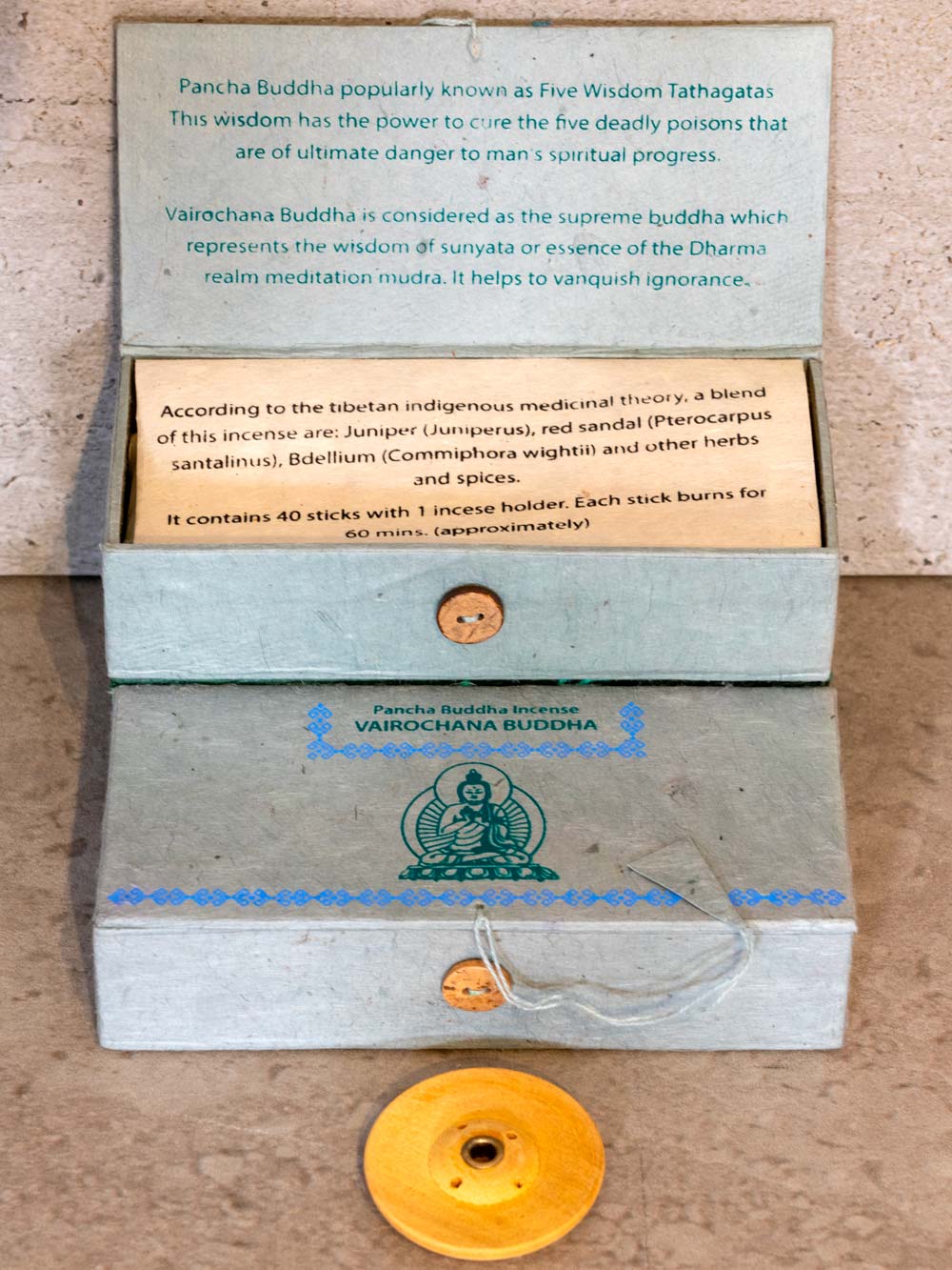 Vairocana Tibetan Incense in a Pale Grey Box