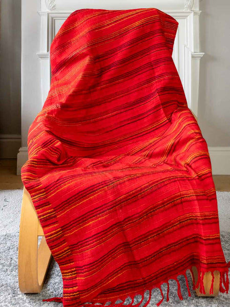 Vermilion Red Striped Tibetan Blanket 