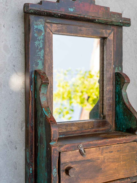 Vintage Barber's Mirror, Distressed Turquoise