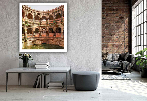 Framed photo of Dholpur stepwell in a contemporary living space