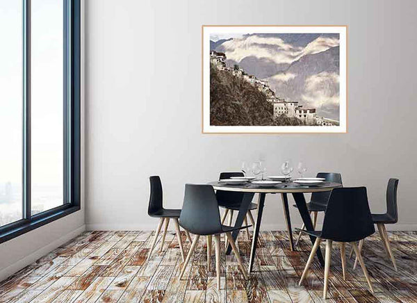 Framed photo of Karsha monastery in a contemporary dining room