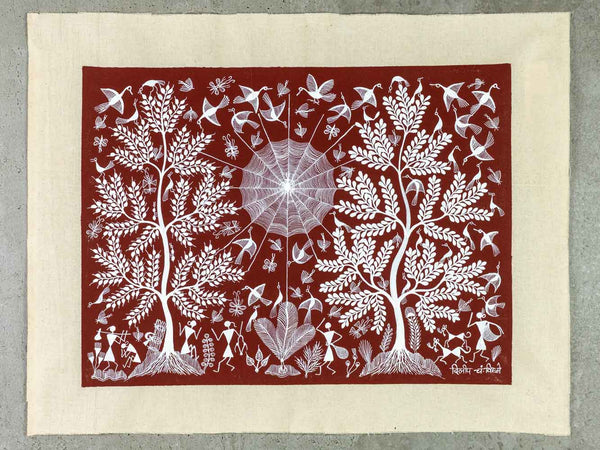 Warli Painting of Spider Web & Trees