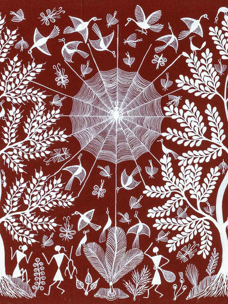 White spider web and nature elements on a red background