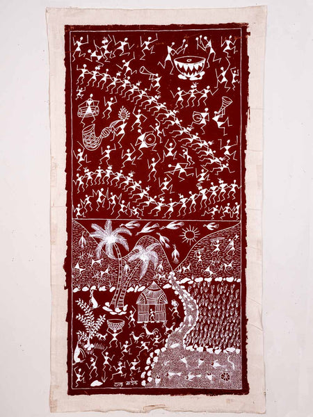 Warli Painting of Villagers, Mountains & a River