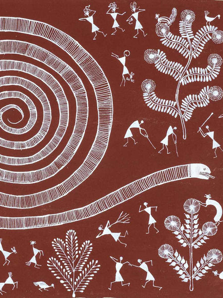 White tribal figures and patterns on a brown background