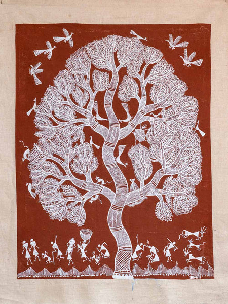 Warli Painting of a Large Tree & Villagers