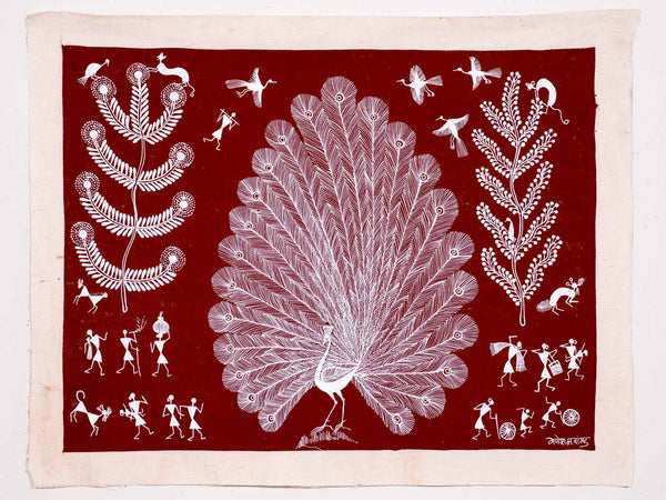Warli Painting of a Peacock & Trees