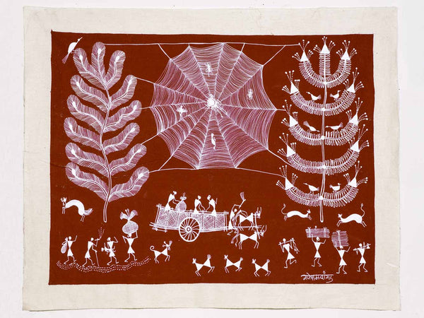 Warli Painting of a Spider Web & Trees