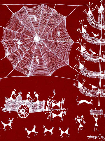 Warli Painting of a Spider Web & Trees