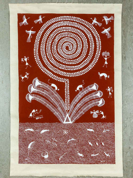 Warli Painting of a Strange Spiral Tree