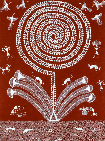 Artistic depiction of a spiral design with various figures and elements on a brown background