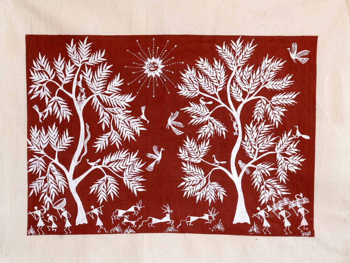 Warli Painting of the Sun & Two Trees | Silk Road Gallery