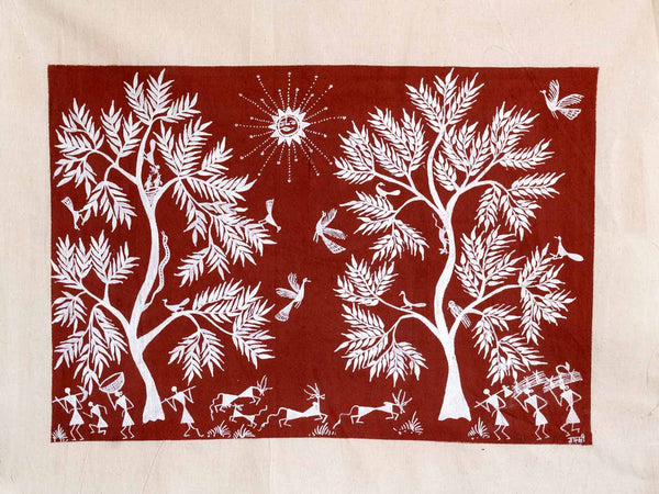 Warli Painting of the Sun & Two Trees