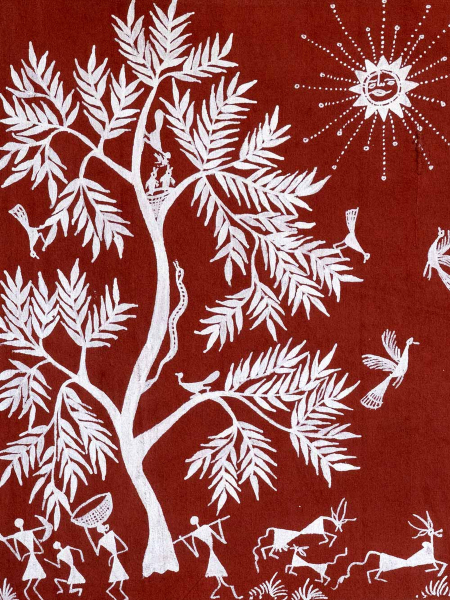 Warli Painting of the Sun & Two Trees | Silk Road Gallery