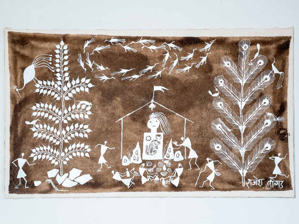 Warli Painting with Two Trees & Flying Birds