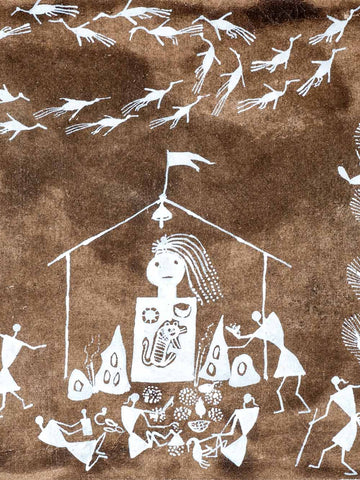 Warli Painting with Two Trees & Flying Birds