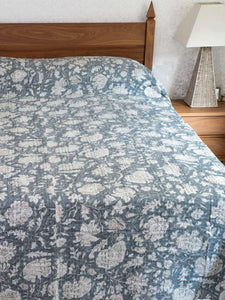 White Flowers on gray Indian Bedspread
