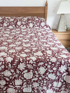 White Flowers on Burgundy Indian Bedspread 