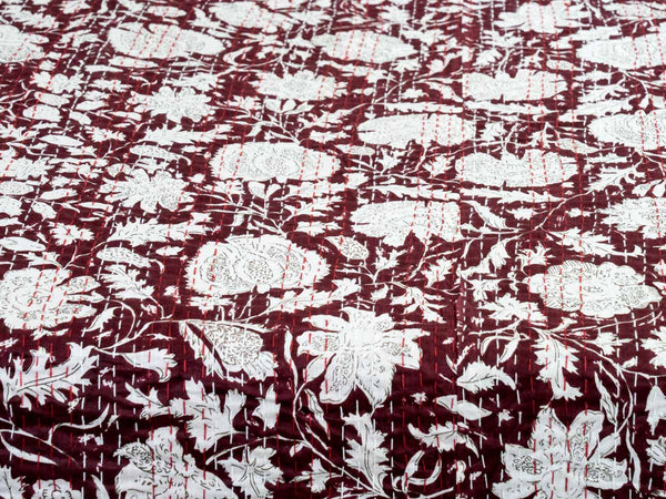 White Flowers on Burgundy Indian Bedspread 