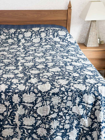 White Flowers on Navy Indian Bedspread 