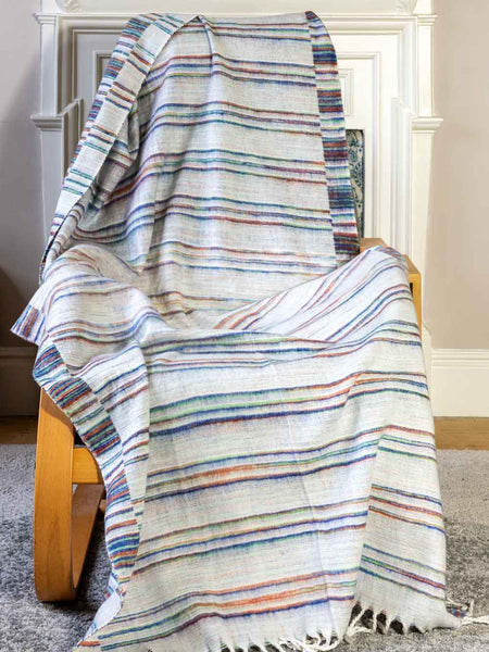 White & Rainbow Striped Tibetan Blanket