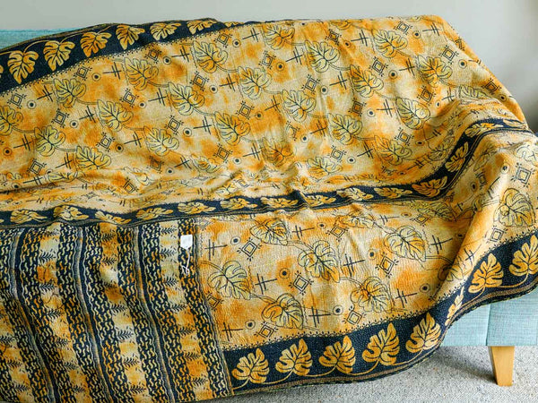  Yellow & Black Kantha Throw with Leaves 