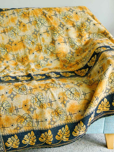  Yellow & Black Kantha Throw with Leaves 