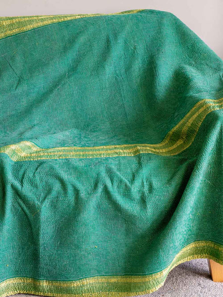  Yellow & Black Kantha Throw with Leaves 