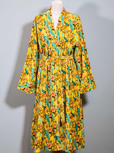 Yellow & Green Printed Velvet Dressing Gown