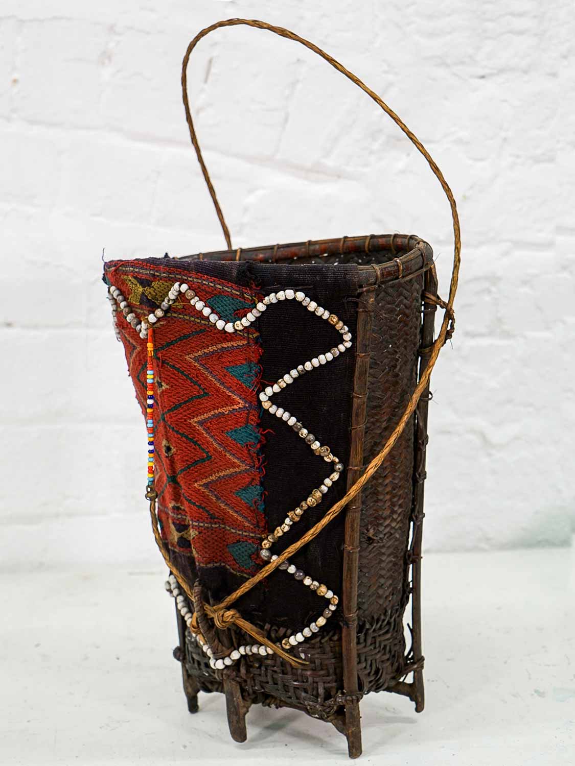 Basket with Woven Fabric and Beads from Nagaland