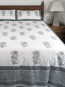 Black Floral Print on White Indian Bedspread