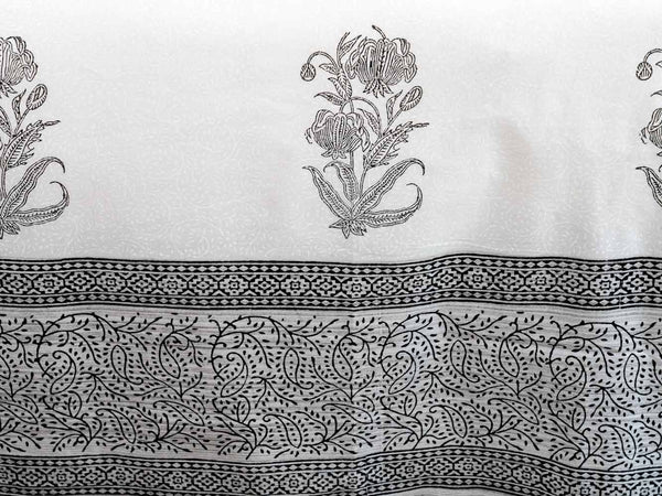 Black Floral Print on White Indian Bedspread