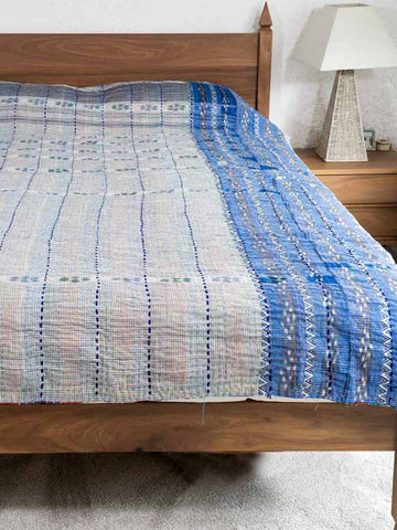 Blue & Red Check Indian Cotton Bedspread 