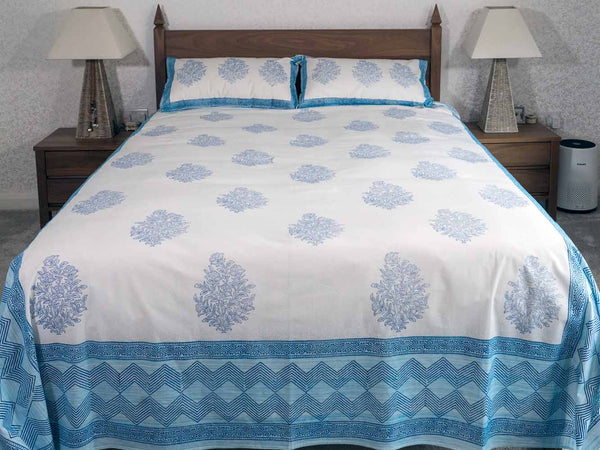 Blue Lotus Print on White Indian Bedspread