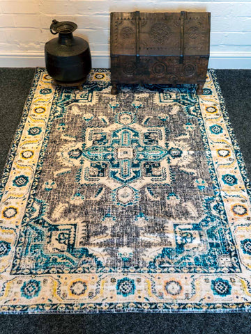 Blue & Gold Printed Indian Cotton Rug