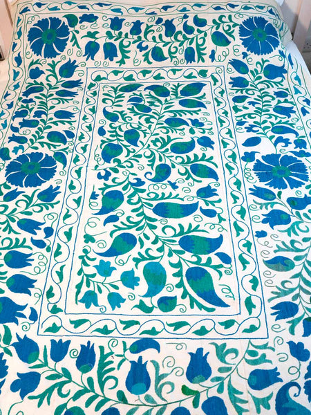 Blue & Green Embroidered Suzani Bedcover 