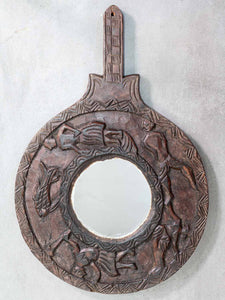 Circular Wooden Mirror from Nepal with Carvings