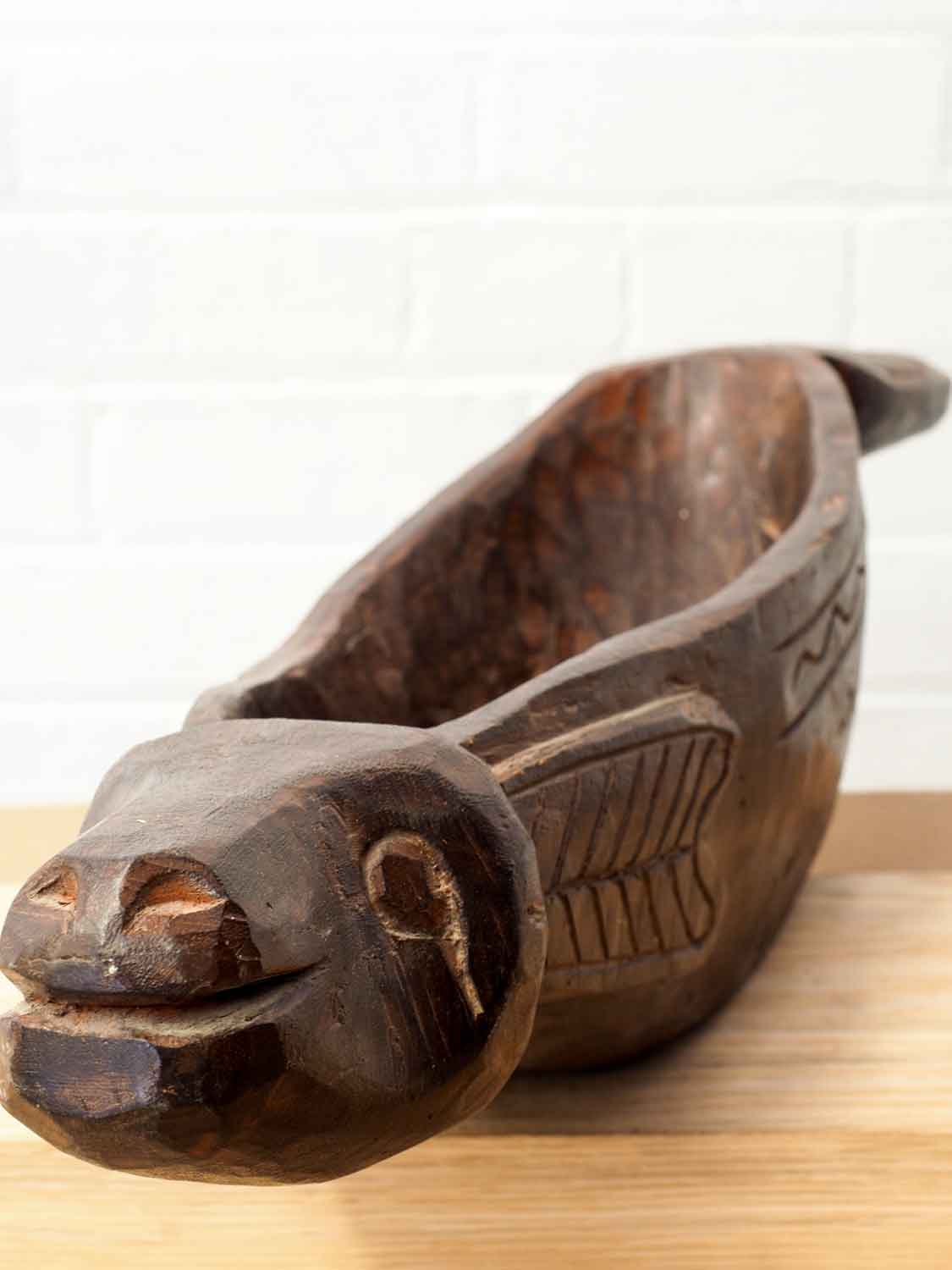 Carved Long Wooden Fish Bowl