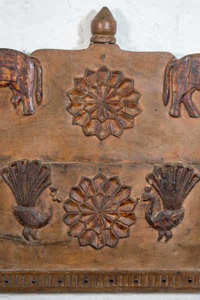 Carved Wooden Panel with Elephants and Peacocks