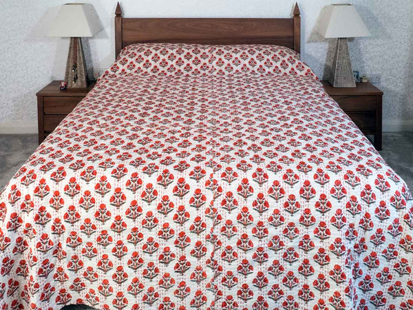 Cherry Red Floral Print Cotton Bedspread