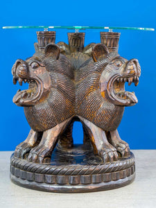 Circular Carved Wooden Table with Three Lions
