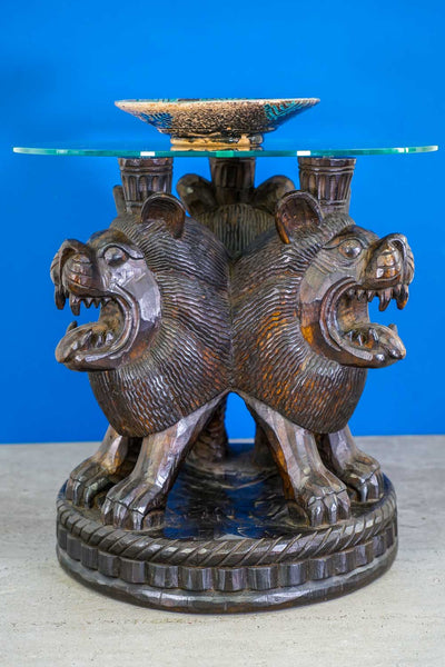 Circular Carved Wooden Table with Three Lions & Afghan Bowl
