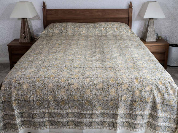 Grey & Gold Floral Indian Bedspread