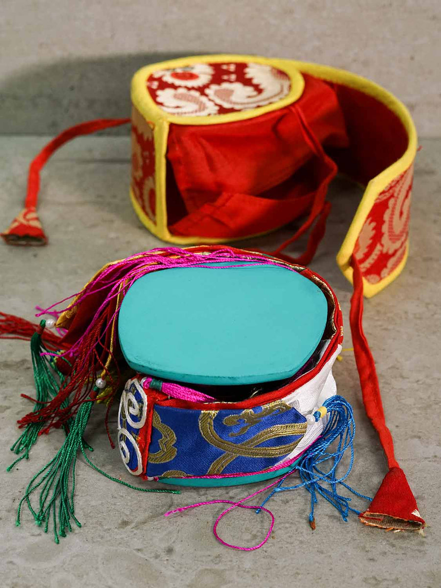 Tibetan Chod Damaru Round, Large, Wooden Leather, With Brocade Damaru Drum Cover Damaru Brocade Tail - Nepali Authentic Design Hand Carved Folk
