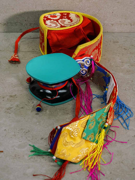 Tibetan Damaru Drum in Brocade Container