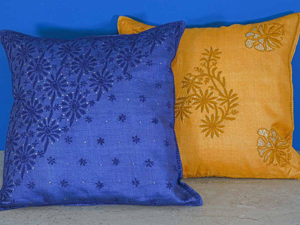 Gold and Navy Silk Embroidered Cushion Covers