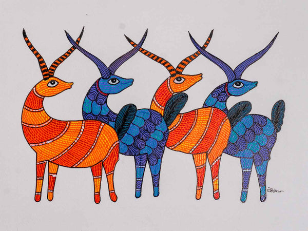 Gond Painting of Four Colourful Deer