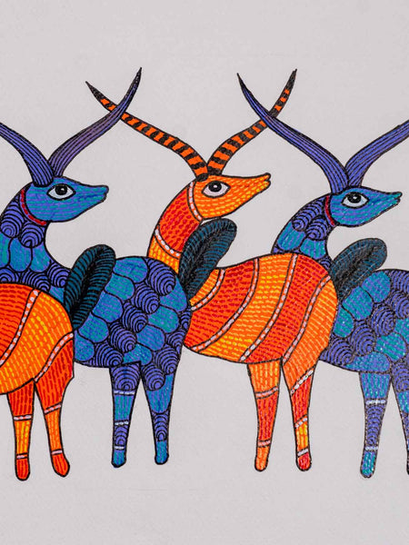 Gond Painting of Four Colourful Deer