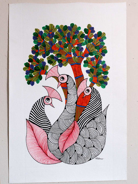 Gond Painting of Three Patterned Birds & Tree 