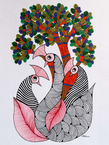 Gond Painting of Three Patterned Birds & Tree 